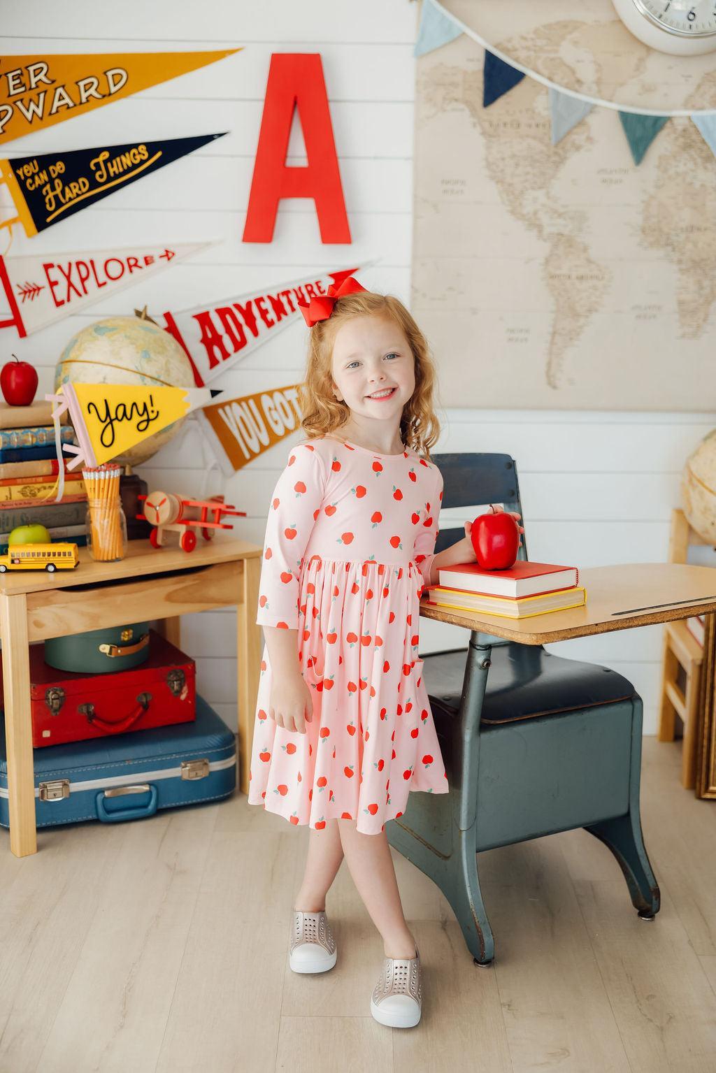 An Apple a Day 3/4 Sleeve Pocket Twirl Dress-Mila & Rose
