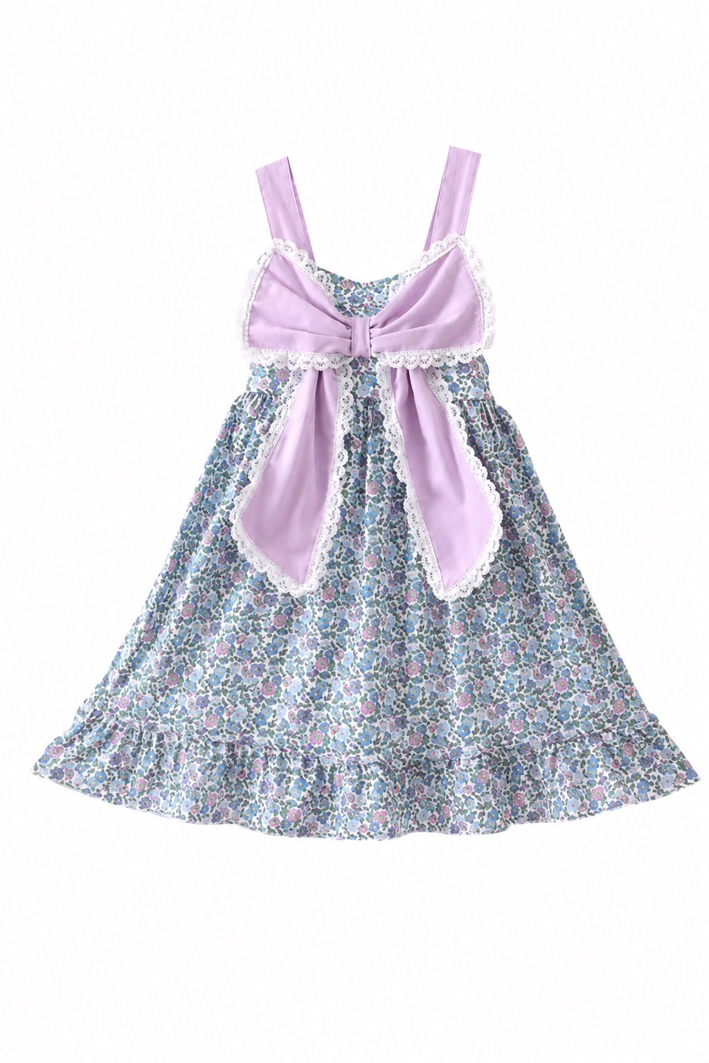 Purple floral print bow ruffle dress 