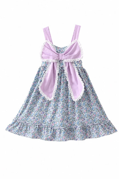Purple floral print bow ruffle dress 